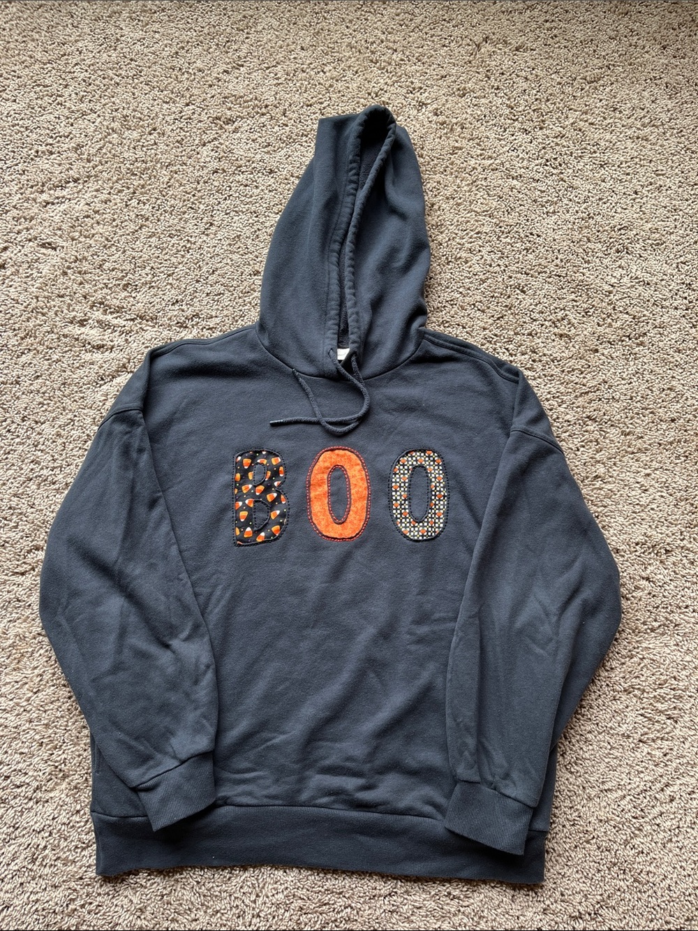 Hand Embroidered Halloween BOO Reverse Applique Upcycled black Hoodie XL